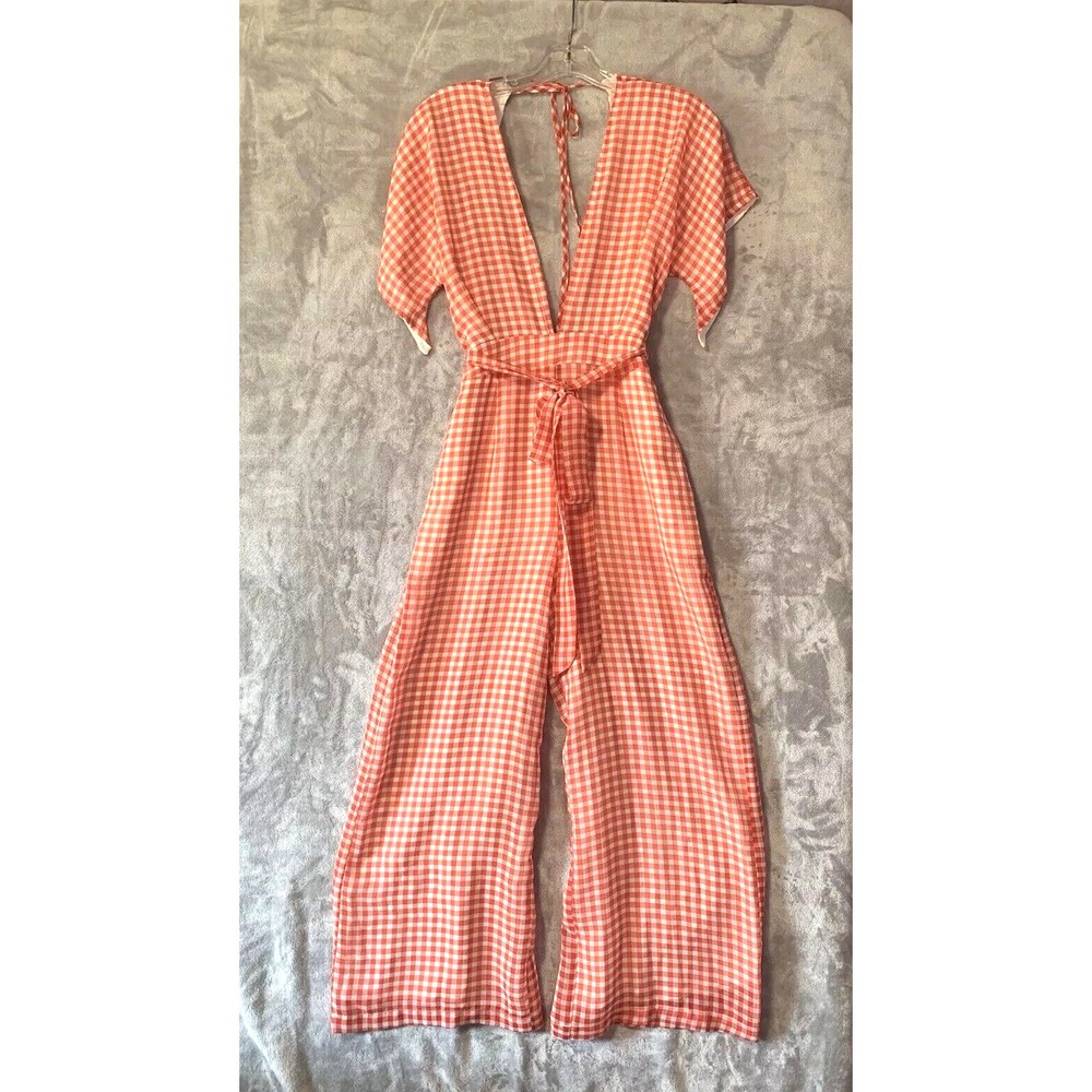 SKYLAR‎ + MADISON GINHAM JUMPSUIT Womens SIZE Small Red White Check Flowy Deep V